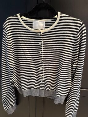 Striped Black and White Crewneck Cardigan Sweater